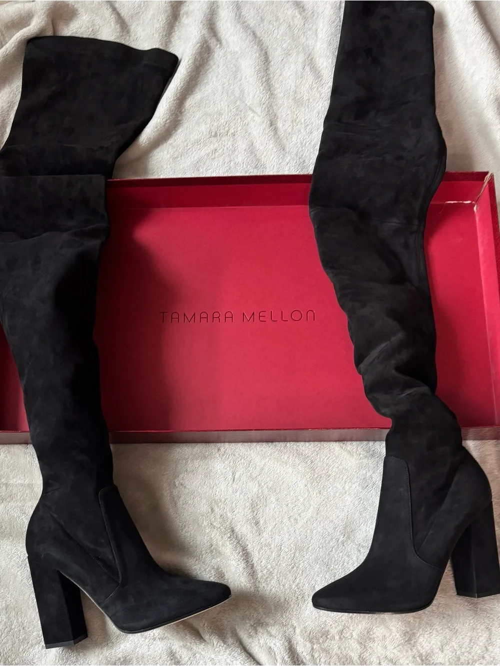 Tamara Mellon Helmut Thigh High Suede Boots Womens Size 36 Block Heel - NWT
